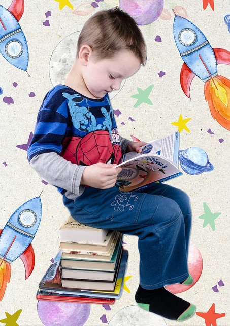 Boy reading and sitting on stack of books.